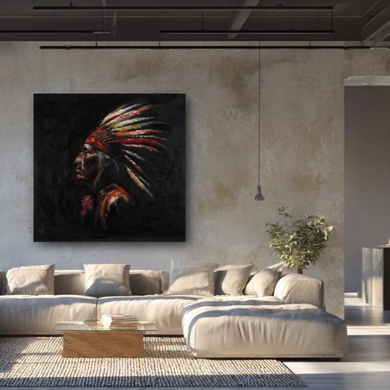 May include: A square wall art piece featuring a dark, moody oil painting of a person in profile wearing a vibrant, multi-colored feathered headdress. The artwork uses deep black shadows contrasted with bright red, yellow, and blue paint strokes.