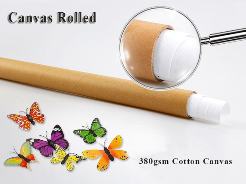 May include: A brown cardboard shipping tube containing a rolled 380gsm cotton canvas, with a magnifying glass overlay showing the white canvas texture. Five colorful butterflies in orange, purple, green, and yellow are arranged below the tube.