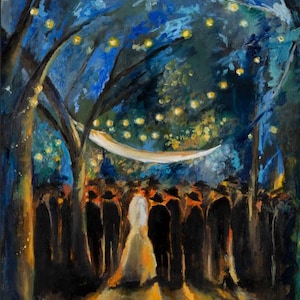 May include: An oil painting of a wedding ceremony. The scene is set in a forest with dark trees and a crowd of people in the background. The bride and groom are in the foreground, bathed in warm light, with fairy lights strung above.