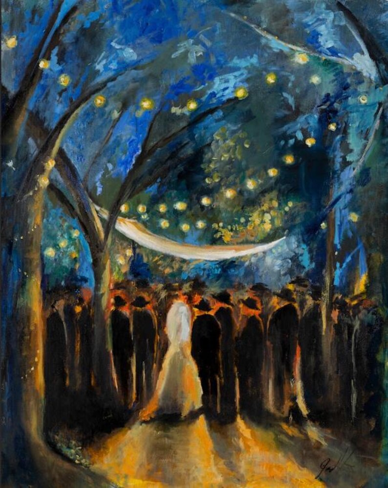May include: An oil painting of a wedding ceremony. The scene is set in a forest with dark trees and a crowd of people in the background. The bride and groom are in the foreground, bathed in warm light, with fairy lights strung above.