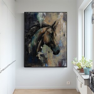 May include: A rectangular wall art piece featuring an abstract oil painting of a horse head in profile. The artwork uses a dark colour palette of black, brown, and muted blue tones with visible, textured brushstrokes and a black frame border.