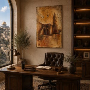 May include: A dark wood executive desk with a tufted leather chair, a brass desk lamp, and an open book. On the wall hangs a large rectangular painting depicting a tower in warm ochre and brown tones, overlooking a city view through an arched window.