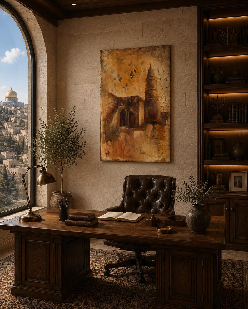 May include: A dark wood executive desk with a tufted leather chair, a brass desk lamp, and an open book. On the wall hangs a large rectangular painting depicting a tower in warm ochre and brown tones, overlooking a city view through an arched window.