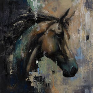 Puede incluir: Una pintura al &oacute;leo sobre lienzo que representa el perfil de la cabeza de un caballo marr&oacute;n. La obra presenta pinceladas gruesas y texturizadas en tonos negro, beige, azul y verde. El caballo est&aacute; representado con l&iacute;neas oscuras y expresivas.