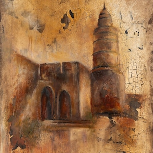 May include: A painting featuring a tall, cylindrical tower and a wall with two arched doorways. The artwork uses a warm colour palette of ochre, brown, and tan, characterised by a heavy crackle texture across the entire surface of the canvas.