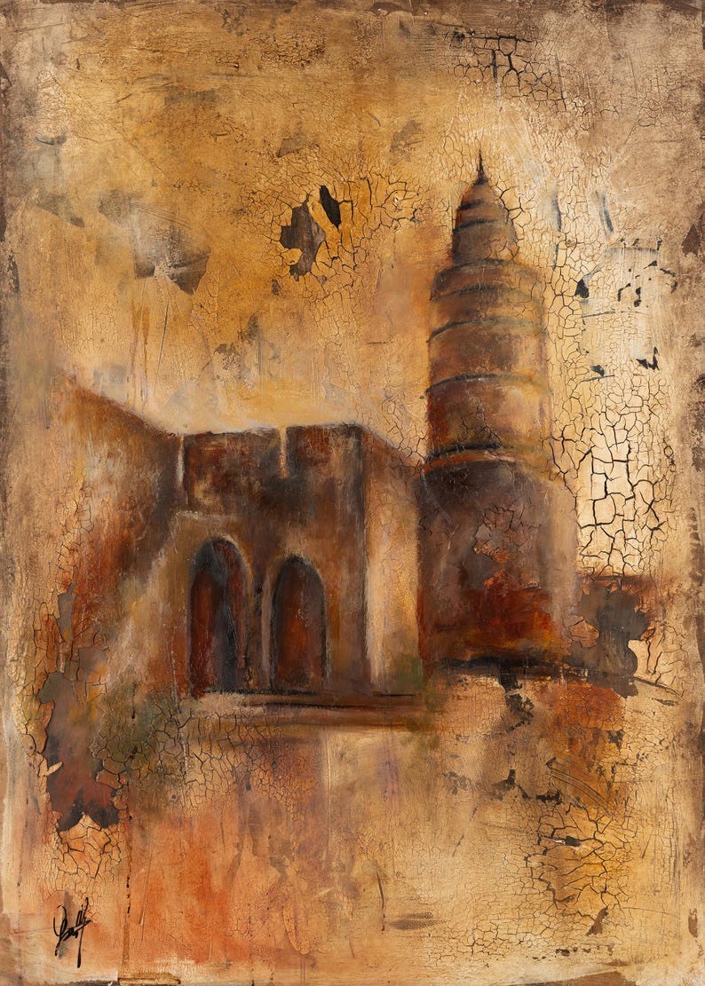 May include: A painting featuring a tall, cylindrical tower and a wall with two arched doorways. The artwork uses a warm colour palette of ochre, brown, and tan, characterised by a heavy crackle texture across the entire surface of the canvas.