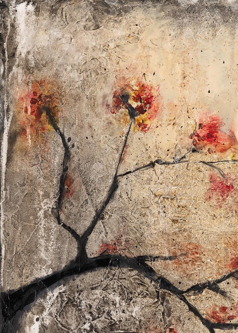 May include: A textured painting on canvas featuring a dark, gnarled tree branch extending across the lower portion. The branch supports several clusters of vibrant red and orange blossoms. The background is a mottled mix of beige, grey, and white.