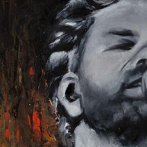 May include: An oil painting on canvas depicting a side profile of a person with dark, textured hair. The figure is rendered in shades of gray, black, and white, set against a dark background with vertical streaks of vibrant orange and red paint.