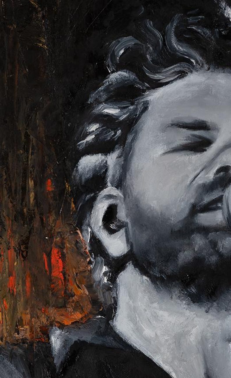 May include: An oil painting on canvas depicting a side profile of a person with dark, textured hair. The figure is rendered in shades of gray, black, and white, set against a dark background with vertical streaks of vibrant orange and red paint.