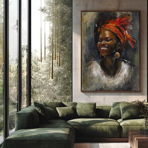 Pintura al óleo original de la princesa nubia, retrato de una mujer africana sonriente, arte mural cultural y colorido. imagen 2