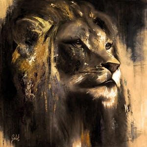 Op de afbeelding: Een vierkant canvas schilderij met een leeuwenkop in profiel, uitgevoerd in tinten zwart, donkerbruin en metallic goud. Het kunstwerk gebruikt getextureerde penseelstreken om de manen en gelaatstrekken van de leeuw te benadrukken, met de handtekening Galit zichtbaar.