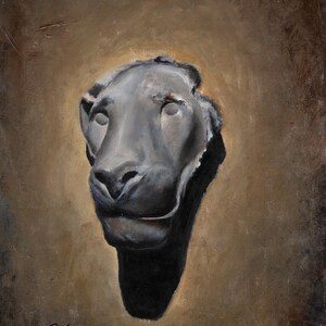 May include: An oil painting on canvas depicting a dark gray, sculptural head of a feline creature centered against a textured, muted brown background. The artwork features visible brushstrokes and a signature in the bottom left corner.