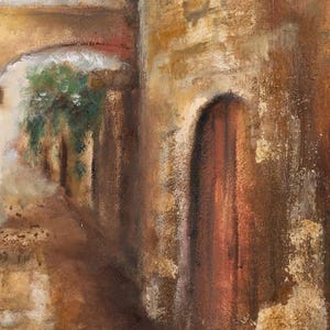 May include: An oil painting on canvas depicting a narrow stone alleyway with arched architectural features. The scene features textured walls in shades of brown, tan, and ochre, a dark arched doorway, and a patch of green foliage visible in the distance.
