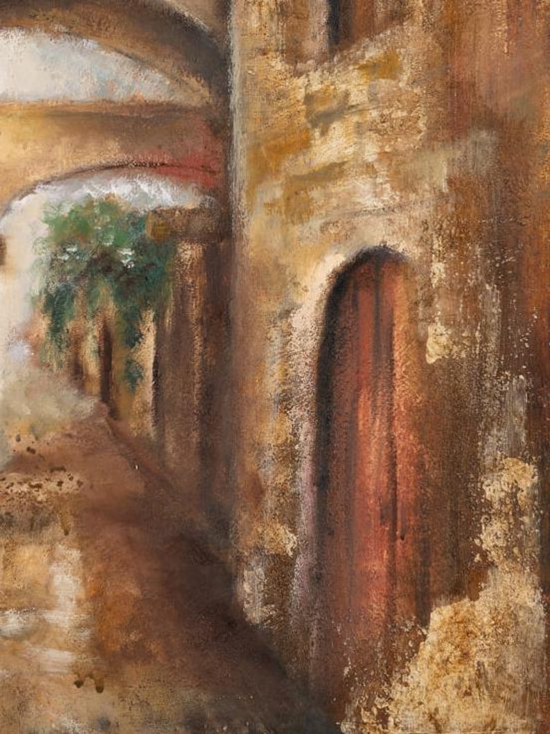 May include: An oil painting on canvas depicting a narrow stone alleyway with arched architectural features. The scene features textured walls in shades of brown, tan, and ochre, a dark arched doorway, and a patch of green foliage visible in the distance.