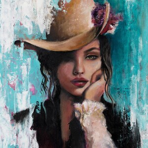 May include: An oil painting on canvas depicting a person with dark hair wearing a tan hat adorned with a purple flower. The subject rests their chin on one hand, wearing a black garment with a white ruffled cuff against a textured teal background.