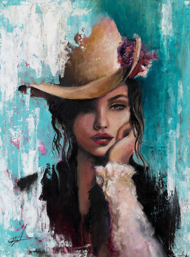 May include: An oil painting on canvas depicting a person with dark hair wearing a tan hat adorned with a purple flower. The subject rests their chin on one hand, wearing a black garment with a white ruffled cuff against a textured teal background.