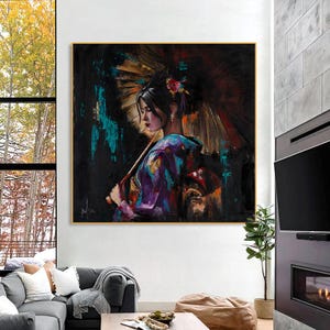 May include: A painting of a woman in a purple and blue kimono holding a traditional Japanese umbrella. The background is a dark blue and green abstract design.