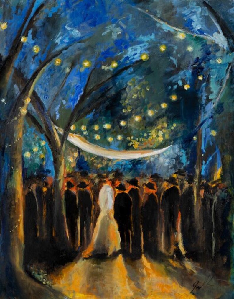 Original-Ölgemälde „Chuppa mit Sternennacht“, jüdische Hochzeitskunst, romantische Wanddekoration im Judaica-Stil Bild 1