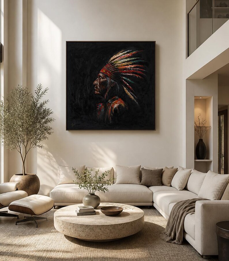 May include: A square framed oil painting depicting the profile of a person wearing a vibrant, multi-colored feathered headdress against a dark, textured black background. The artwork features bold brushstrokes in red, yellow, and blue tones.
