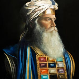 May include: An oil painting of a person with a long white beard wearing a white turban with a gold band and a blue and gold striped garment. A rectangular gold breastplate featuring twelve colourful square gemstones is worn on the chest.