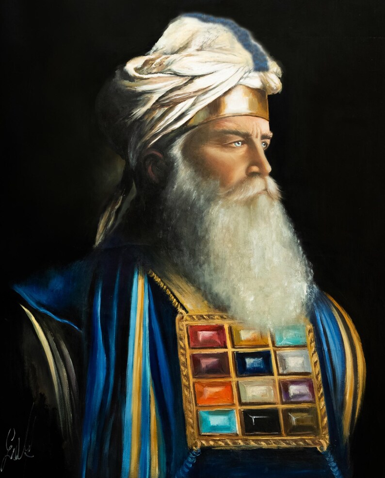 May include: An oil painting of a person with a long white beard wearing a white turban with a gold band and a blue and gold striped garment. A rectangular gold breastplate featuring twelve colourful square gemstones is worn on the chest.