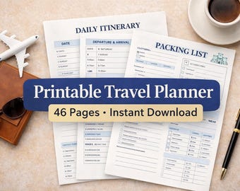 Printable Travel Planner PDF, 46 Page Trip Planner, Vacation Itinerary, Budget Tracker, Packing List, Digital Download