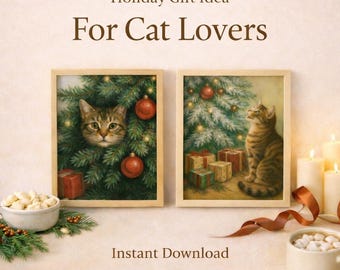 Christmas Cat Wall Art Set, Cat Lover Gift, Cozy Holiday Decor, Vintage Cat Prints, Printable Wall Art