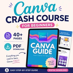 Puede incluir: Una guía digital de curso intensivo de Canva para principiantes con una tableta que muestra el texto Canva Guide, Learn Canva the Easy Way y Quick Tips & Tricks Included. El gráfico incluye 40+ páginas, descarga PDF y lecciones.