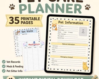 Planificador de cuidados para mascotas (perros y gatos) en formato PDF: Registro veterinario, medicación y seguimiento de la alimentación.