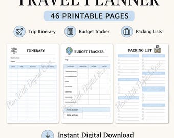 May include: A digital travel planner with 46 printable pages, featuring sections for a trip itinerary, budget tracker, and packing lists. The layout includes columns for dates, times, activities, and expenses, with icons for planes, calculators, and suitcases.