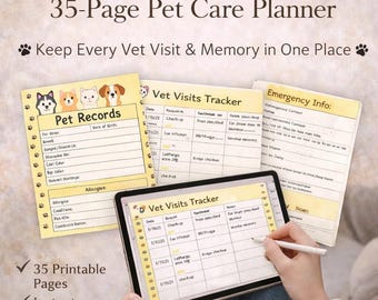 Tierpflege-Planer PDF - Organisieren Sie Tierarztbesuche, Gesundheit und tägliche Routinen 35-seitiger digitaler Haustier-Organizer für Hunde & Katzen