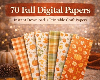 Paquete de papeles digitales de otoño / 70 papeles para álbumes de recortes con calabazas, cuadros y motivos otoñales, 12x12 PNG