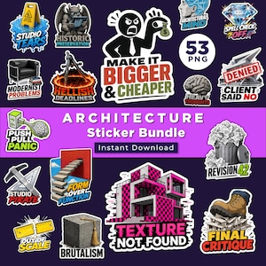 May include: A digital collection of 53 architectural-themed stickers featuring various illustrations and text including Studio Tears, Historic Preservation, Make It Bigger & Cheaper, Architectural Mind, Spell Check Off, Denied, Heavy Thoughts, and Revision 42.