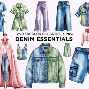 Akvarell vårdenim, nödvändigheter, mode, flickkläder för sublimering, digital clipart, PNG-konst