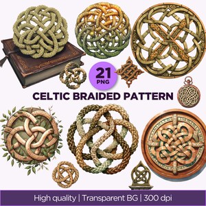 May include: A collection of 21 digital illustrations featuring Celtic braided patterns in various circular and knot designs. The graphics include rope textures, wooden finishes, and leaf accents, with the text 21 PNG and CELTIC BRAIDED PATTERN.