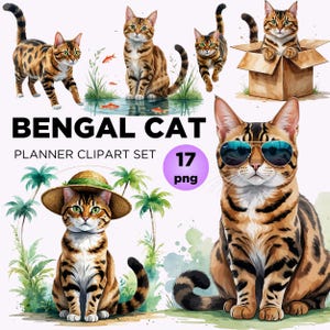 Bengal Cat Watercolor Clipart Bundle: Pet-Themed PNG Designs (Digital Download)
