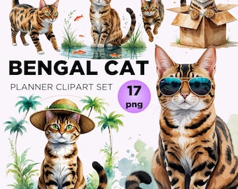 Bengal Cat Watercolor Clipart Bundle: Pet-Themed PNG Designs (Digital Download)