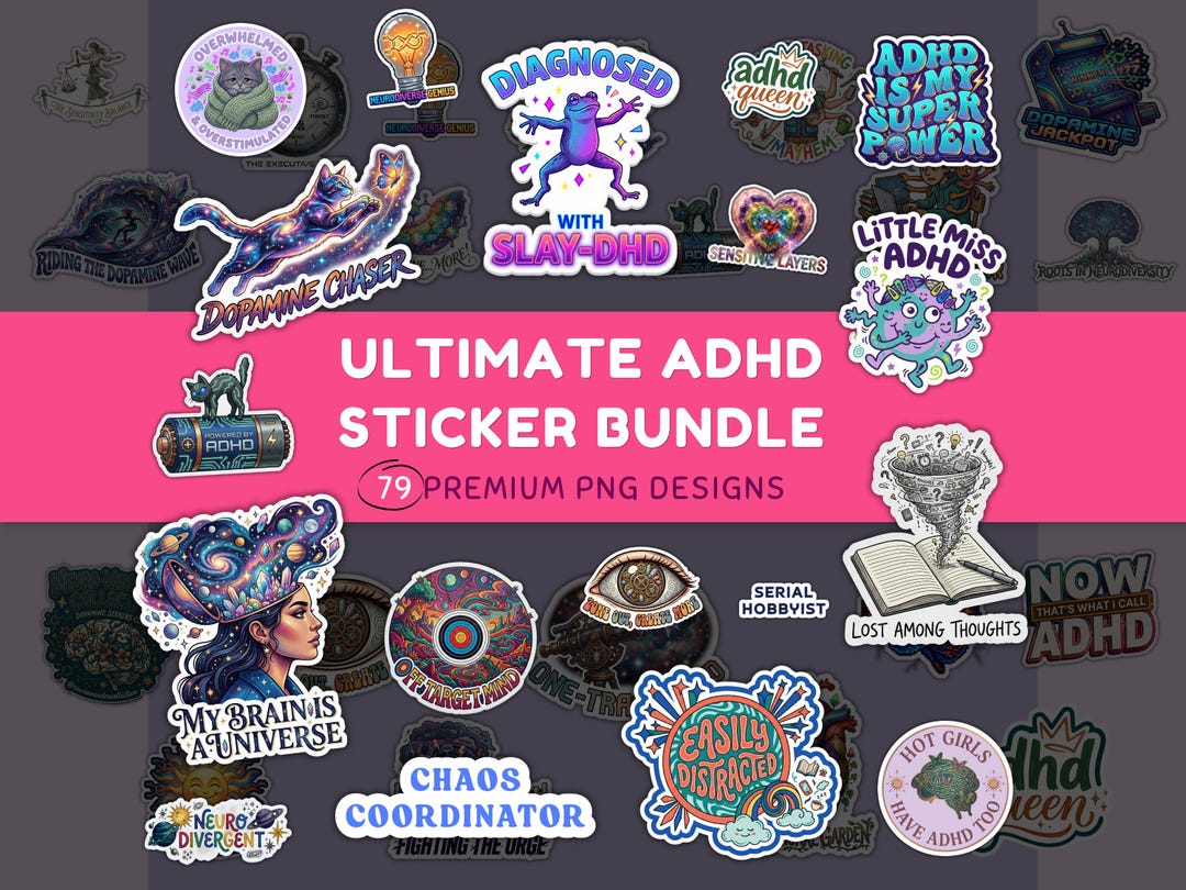 Fun Adhd Sticker ADHD Retro Psychedelic Sticker Bundle Digital Clipart PNG for DIY ...