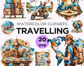 Watercolor Travel Clipart PNG Set, Summer Adventure (Digital Download)