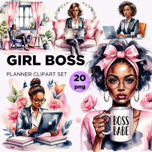 Girl Boss Clipart, Aquarell Afro Frau Boss Png, Boss Babe Büro Clipart, Rosa & Schwarz Boss Lady Png, Planer Mädchen Png, Mädchen Power Png