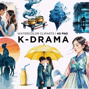 Peut inclure: Ensemble de cliparts aquarelle sur le thème des K-Dramas. Comprend des images de couples, de vêtements coréens traditionnels, de nourriture et de scènes variées. Le texte indique "K-DRAMA" et "WATERCOLOR CLIPARTS | 40 PNG".