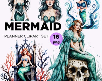 Gothic Mermaid Clipart Set: Watercolor Fantasy Art (PNG)