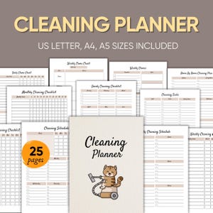 May include: A printable cleaning planner with 25 pages, featuring a cute cartoon cat with a vacuum cleaner. The planner includes checklists for daily, weekly, monthly, and yearly cleaning tasks, as well as a room-by-room cleaning plan and a cleaning schedule.