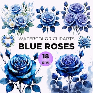 Blue Rose Clipart Bundle, Watercolor Dusty Blue Bouquet PNG for Wedding Invitation, Sublimation Design Elegant Scrapbooking Digital Download