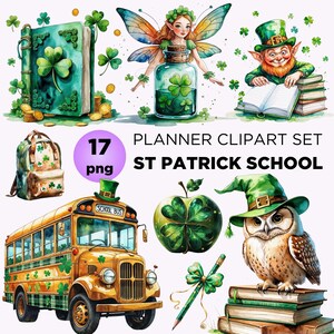 Clipart école St Patrick pour sublimation artisanat et planificateur, aquarelle porte-bonheur PNG, Clipart Leprechaun Shamrock de la Saint-Patrick, Pot d'or