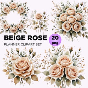 Beige bloemen bruiloft clipart bundel, aquarel stoffige vintage roos png voor bruidsboeket, premade rand boho uitnodiging, kaart maken