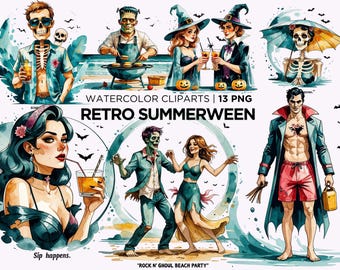 Clipart de verano retro, Halloween en la playa espeluznante PNG (descarga digital)