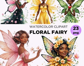 Blommig älva Clipart: Akvarell svart flicka PNG (digital nedladdning)