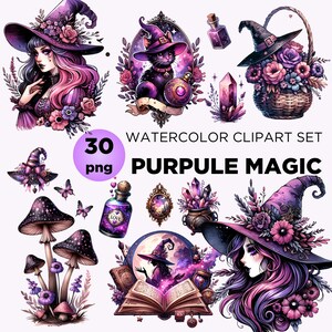 Puede incluir: Un conjunto de 30 imágenes de clipart de acuarela con temas de magia púrpura. Las imágenes incluyen brujas, gatos, hongos, pociones, cristales y flores. Las imágenes son perfectas para crear manualidades digitales o físicas, scrapbooking y más.