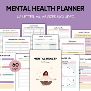Pode incluir: Um planejador de saúde mental imprimível com 60 páginas. O planejador inclui seções para assistência de respiração profunda, registro de ansiedade, resolução de problemas, estabelecimento de objetivos, afirmações diárias e muito mais. A capa apresenta uma mulher meditando com corações rosas.